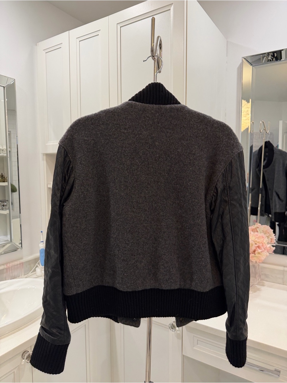 Smythe Gray Wool Bomber Jacket with Black Quilted Leather Sleeves - Picture 8 of 8
